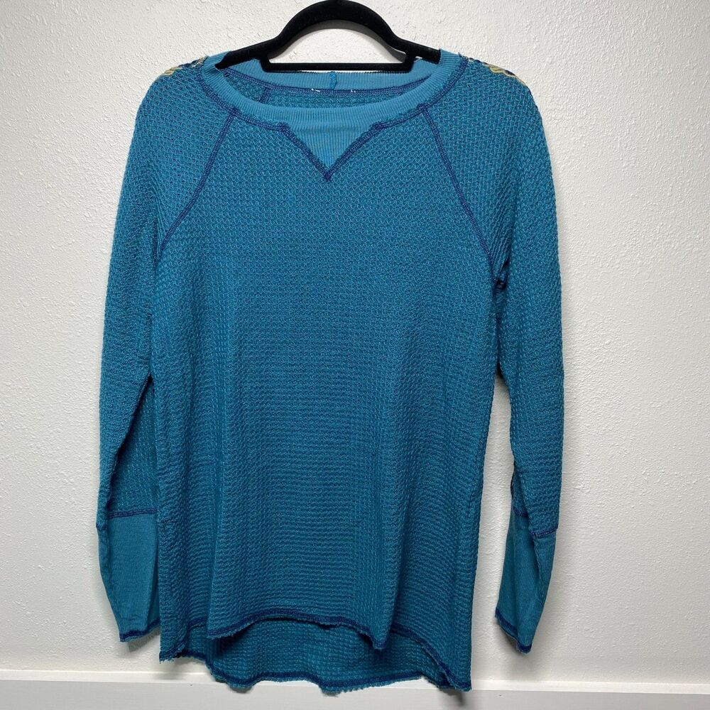 Sundance Womens Teal Blue Floral Embroidered Waffle Knit M-L